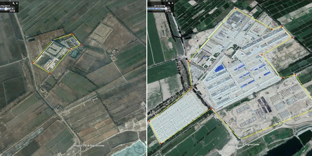 Des images satellites de l'expansion d'un des camps de Kachgar. A gauche en février 2017, à droite en août 2018